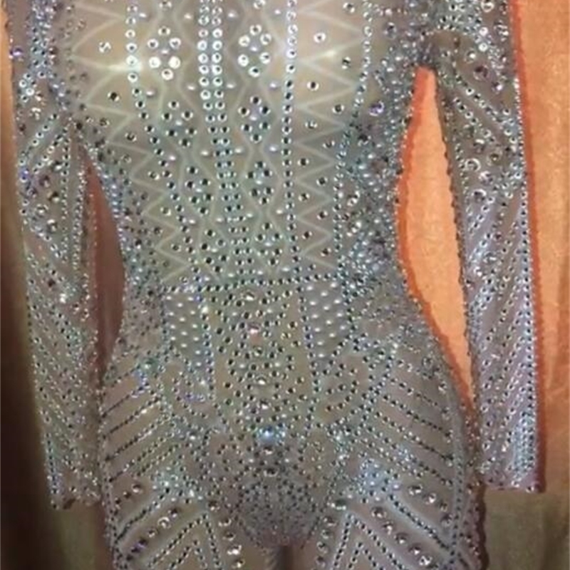 Mesh See Through Sparkly Bodysuit Rhinestone Long Sleeve Jumpsuit Evening Birthday Celebrate Costume Perspective Outfit YOUDU T200810