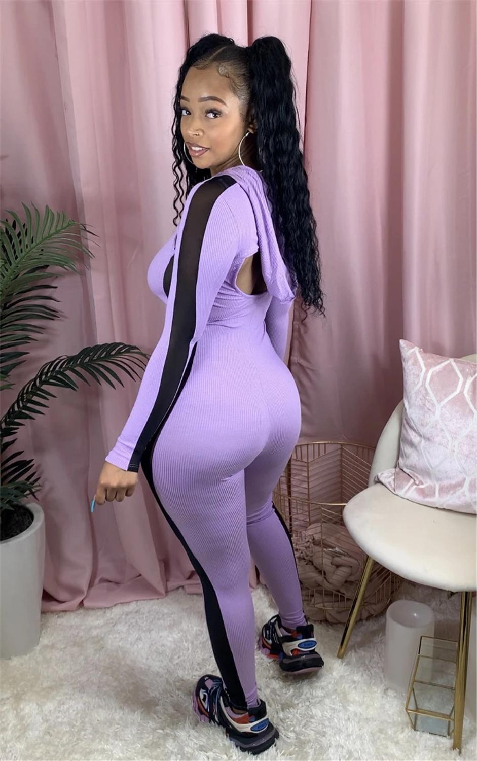 Tsuretobe Sexy 2 Piece Set Women Bandage Rompers Hooded Crop Top With Zipper Patchwork Jumpsuits Ribbed Fall Clothes For Women 201007
