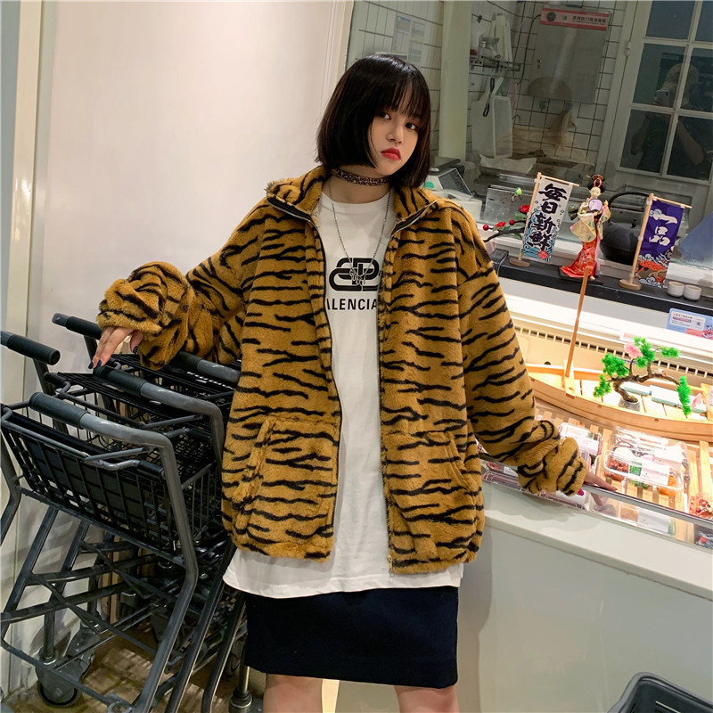 Lychee Girls Zebra Tiger Pattern Zipper Women Teddy Jacket Autumn Winter Lady Teddy Jackets Loose Turtleneck Female Outerwear 201017