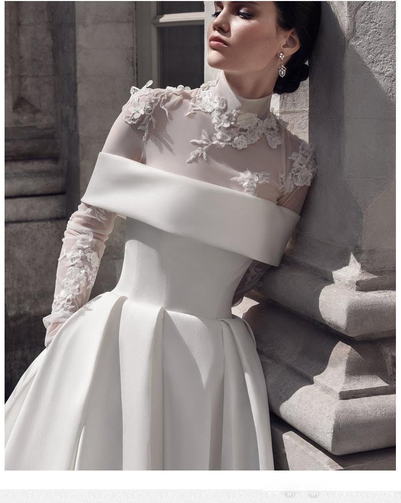 Chic Designer High Neck Wedding Dresses A Line Bridal Gowns 2022 Simple Satin Long Sleeves Bride Dress 3D Floral Appliques Lace Garden Vestidos De Nov