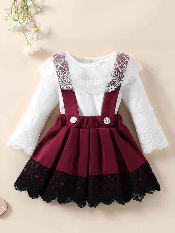 Baby Embroidery Mesh Bodysuit & Guipure Lace Insert Suspender Skirt SHE