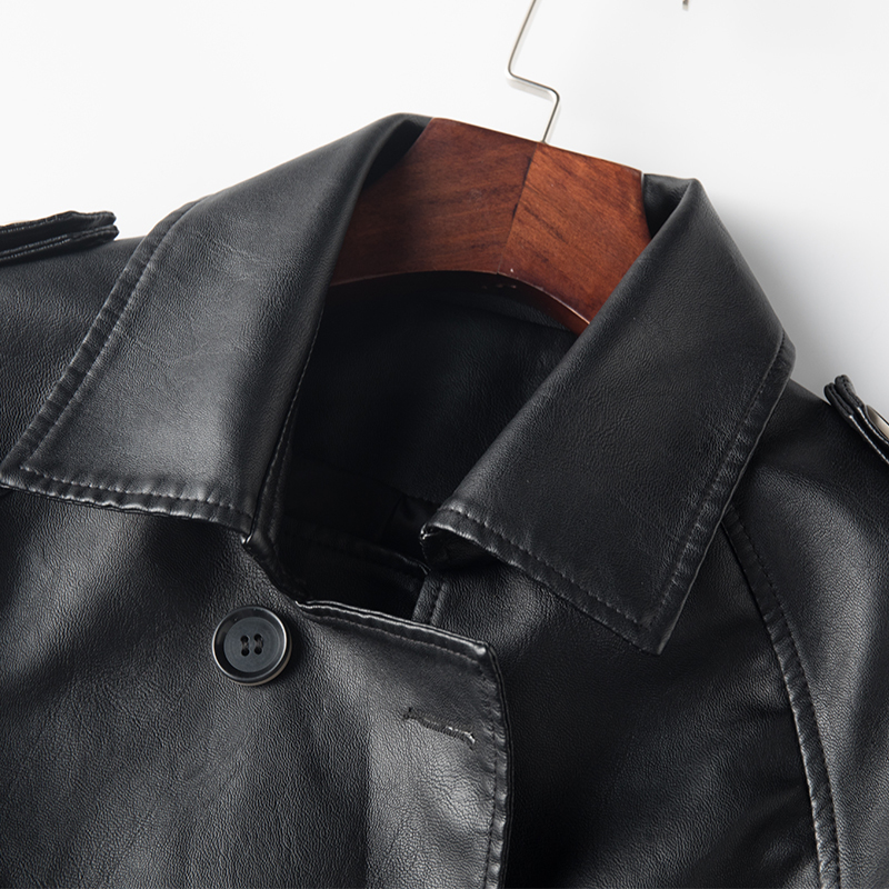Lautaro Black faux leather trench coat for women raglan sleeve women fashion clothing Double breasted leather jacket women 201030