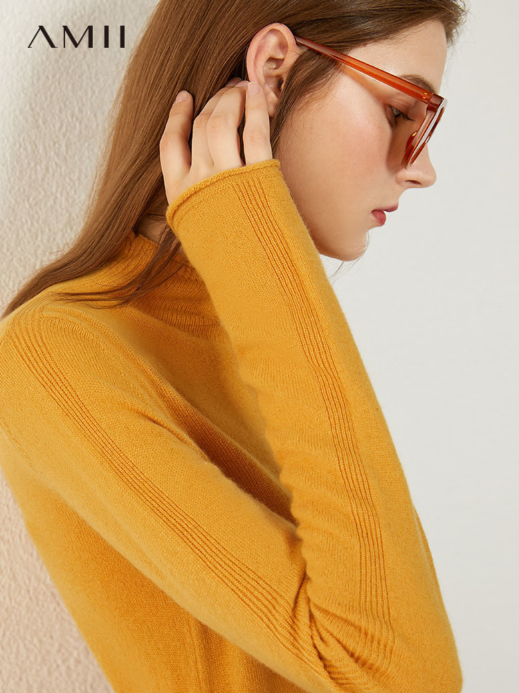 Amii Minimalism Autumn Winter Sweaters For Women Fasion 100% Cashmere Solid Turtleneck Sweater Women's sweater 12040857 201224