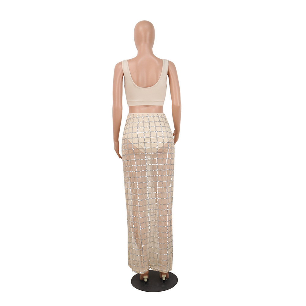 Beyprern Shiny Sequined Mesh TwoPiece Skirt Set Kim Kardashian Outfit Styles Women Bra Crop TopGorgeous Sheer Skirt Clubwears T200325