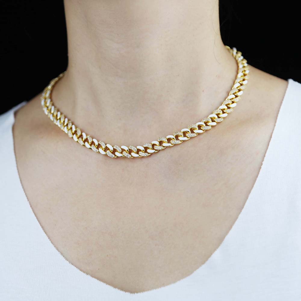 New Arrival Enamel Gold Color Cuban Link Chain Half Enamel Half CZ Cubic Zirconia Cuban Choker Necklace Adjusted Slider Chains for Women