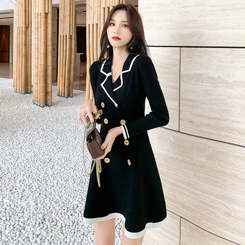 Autumn Winter Sweater Dress Women Double-breasted A-Line Knitting Dress Thick Warm Office Ladies Dress Plus Size Vestido 201110