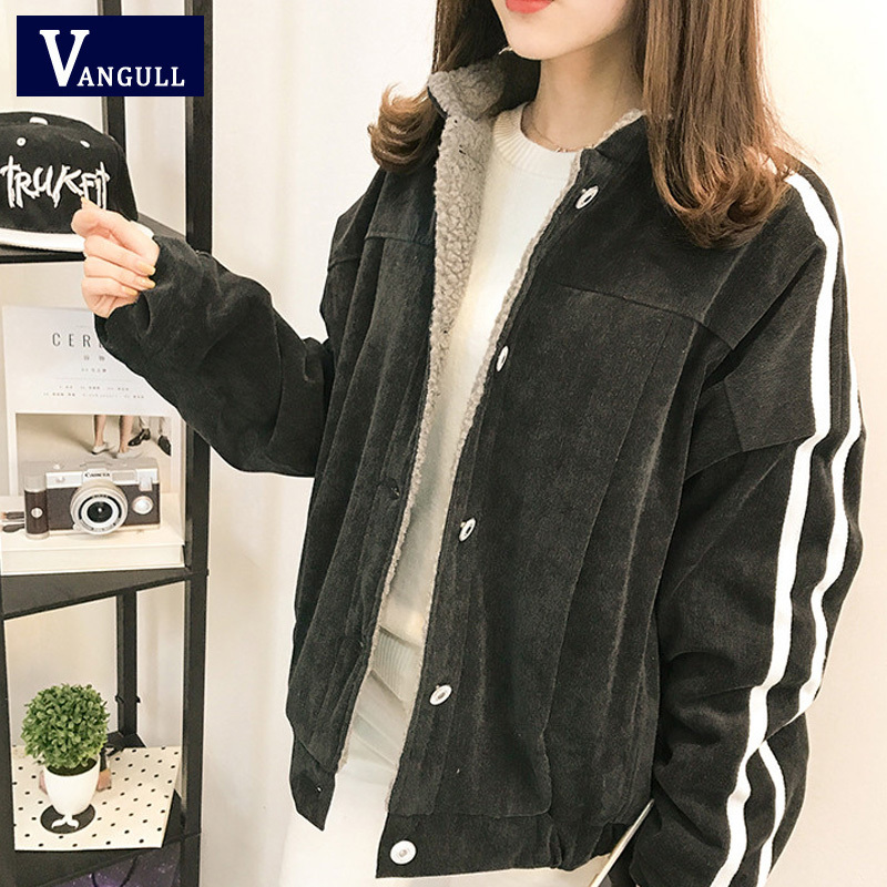 Vangull Women Jacket Winter New Cotton Lamb Velvet Thick Coat 2019 Autumn Casual Female Long Sleeve Side Striped Loose Outerwear T200111