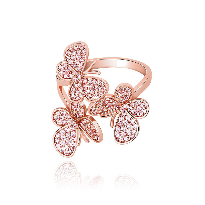Rose Gold Womens 3 Butterfly Open Cuff Finger Ring Iced Out Diamond Band Rings Bling Cubic Zirconia Wolf Tide Hip Hop Wedding Party Jewelry For Ladies