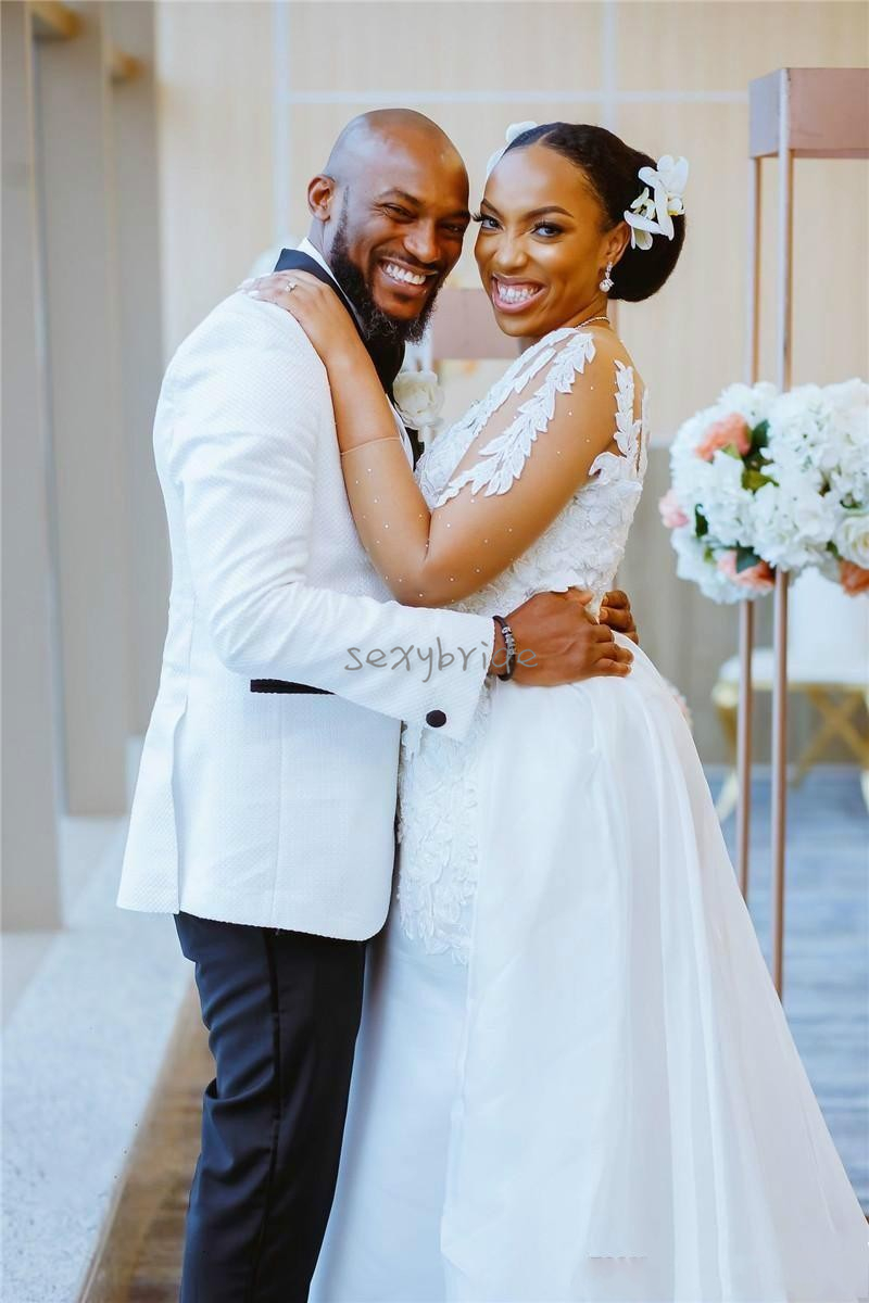 South Sexy African Satin Mermaid Wedding Dresses With Detachable Train Appliques Lace Sheer One Shoulder Long Sleeve Plus Size Bridal Gowns