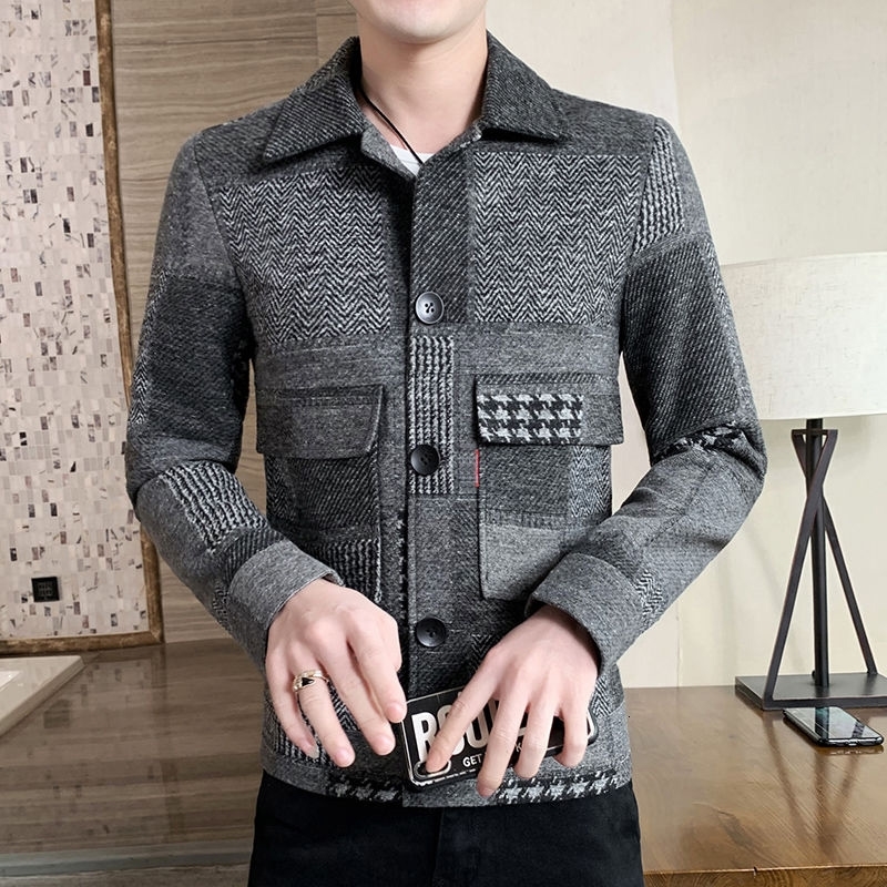 Fashion Warm Long-sleeved Plaid Gentleman Pockets Coat Jacket Korean Casual Men's Stitching Jacket Fashion Slim Fit Jacket 201223
