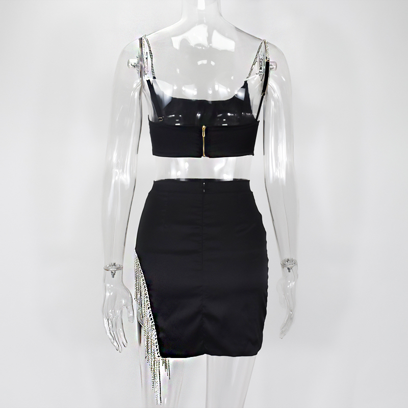 2 Layers Glitter Two Piece Set Women Silky Satin Crystal Tassel Hem Mini Skirt Matching Sets Sexy Club Outfits T200325