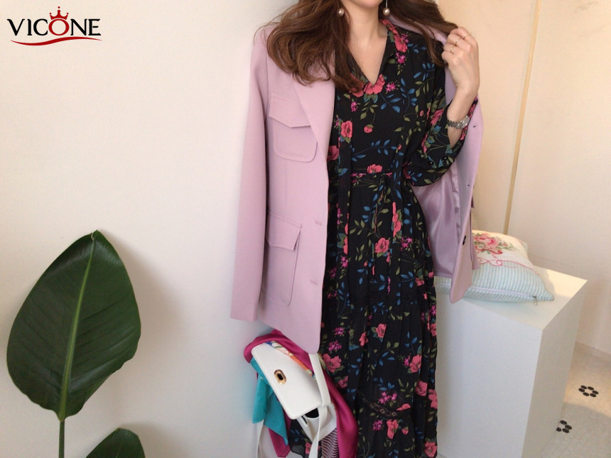 VICONE Chic Retro Women Summer Dress Casual Long Sleeve Boho Floral Print Dress Bandage Elegant Dresses T200619