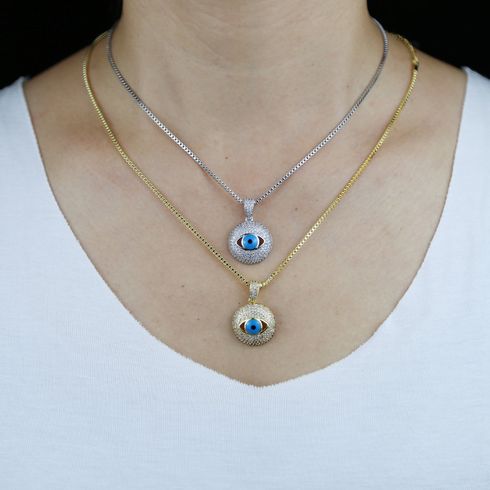 Hip hop Turkish Evil Eye charm necklace Jewelry For Women 5A Cz paved round pendant blue Eye Choker Necklace with box chain