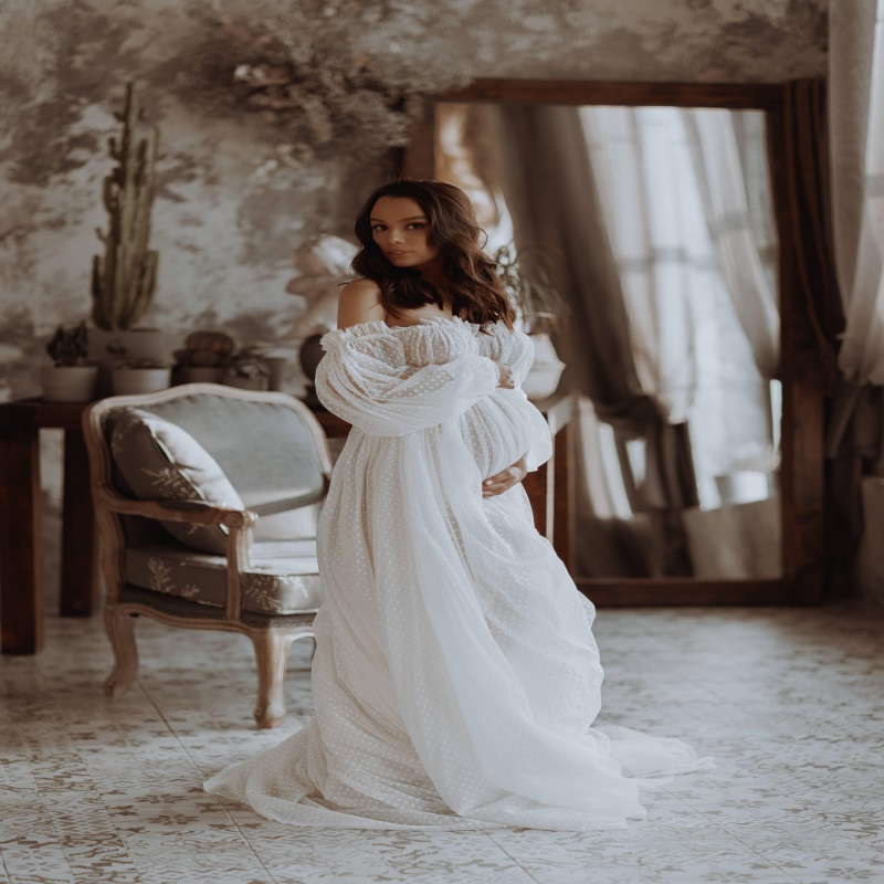 Dot Pregnant Robe Bridesmaid Bride Bateau Sleep Wear Custom Made Pajamas Wedding Robe Nightgown Soft Ruffles Tulle Sweep Train Fast Shipping