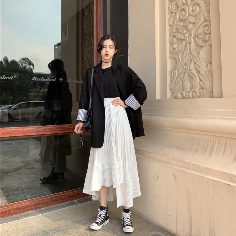 LANMREM Solid Color Elastic High Waist Stitching Ruffled Irregular Pleats Woman Skirt Simple Fashion Autumn New TV518 T200324