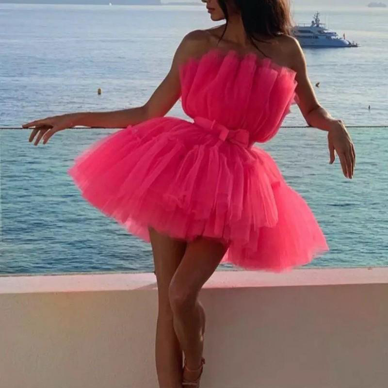 Hot Pink Mini Homecoming Dresses Straplss Pleats Tulle Cocktail Party Dress Cheap Short Prom Dresses Custom Made