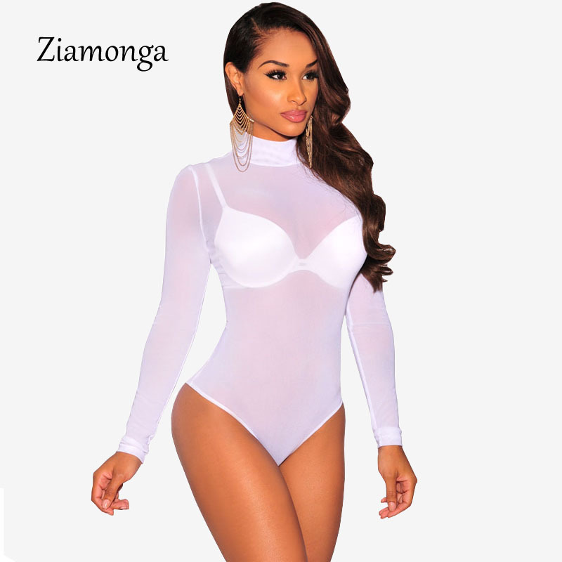Nude Transparent Sexy Bodysuit Women Rompers Bodycon Jumpsuit Long Sleeve Mesh Bodysuit Sheer See Through Turtleneck Bodysuits T200527