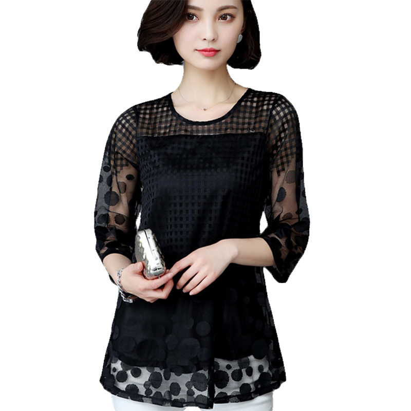 Womens Blouse Shirt 3/4 Sleeve Mesh Hollow Out Loose Blouses Gray Ladies Tops Blusas Plus Size Shirts 2019 New T200321