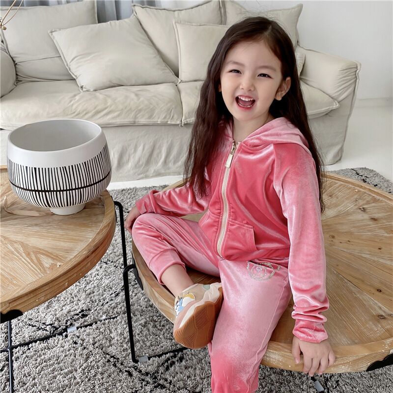 7159 Top brand children's Pink leisure sports suit color diamond decorative velvet clothing home cardigan with hat 3-10 years ol Y1117
