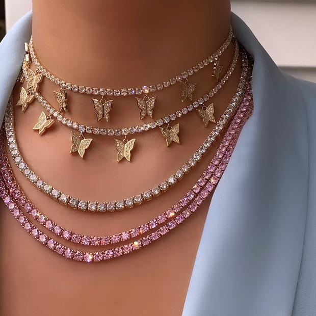 iced out bling hip hop women jewelry Heart arrow cz tennis chain with cz butterfly charm 32+10cm choker necklaces