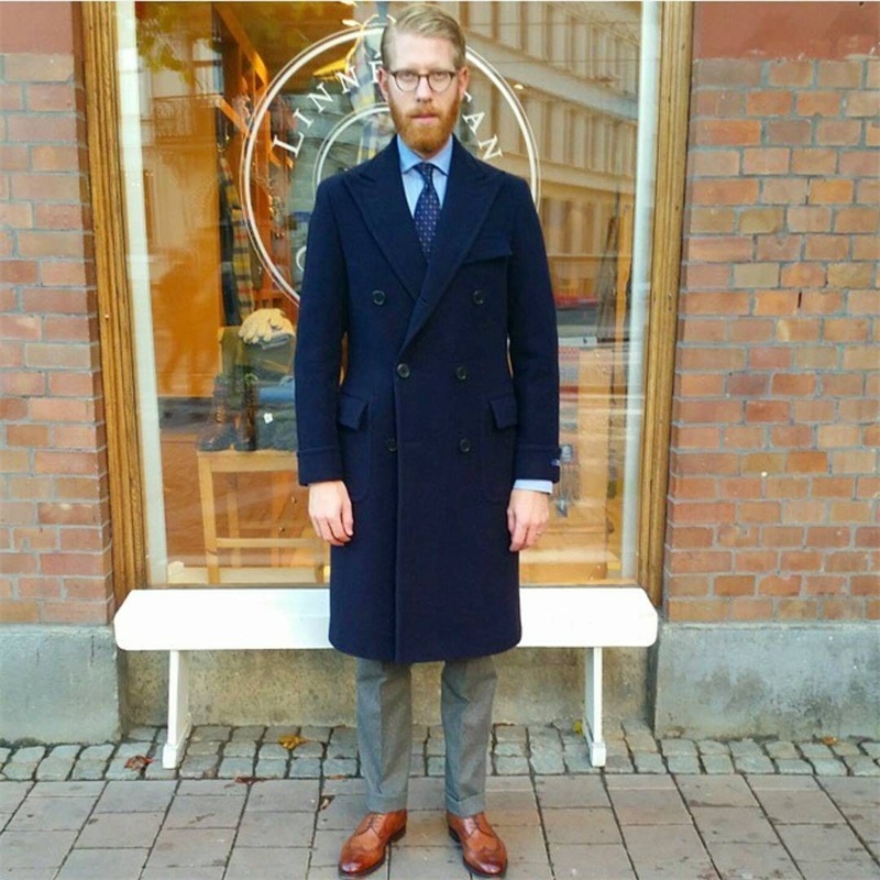 High Quality Wool Men Suits Thick Custom Made Navy Windbreaker Double Breasted Tuxedos Peaked Lapel Blazer Business Long Coat
