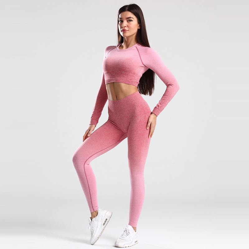 Adapt Ombre Seamless Yoga Outfits Set Women Sport Suit Workout Sportswear Gym Set Long Sleeve Crop Top Running Leggings Fitness
