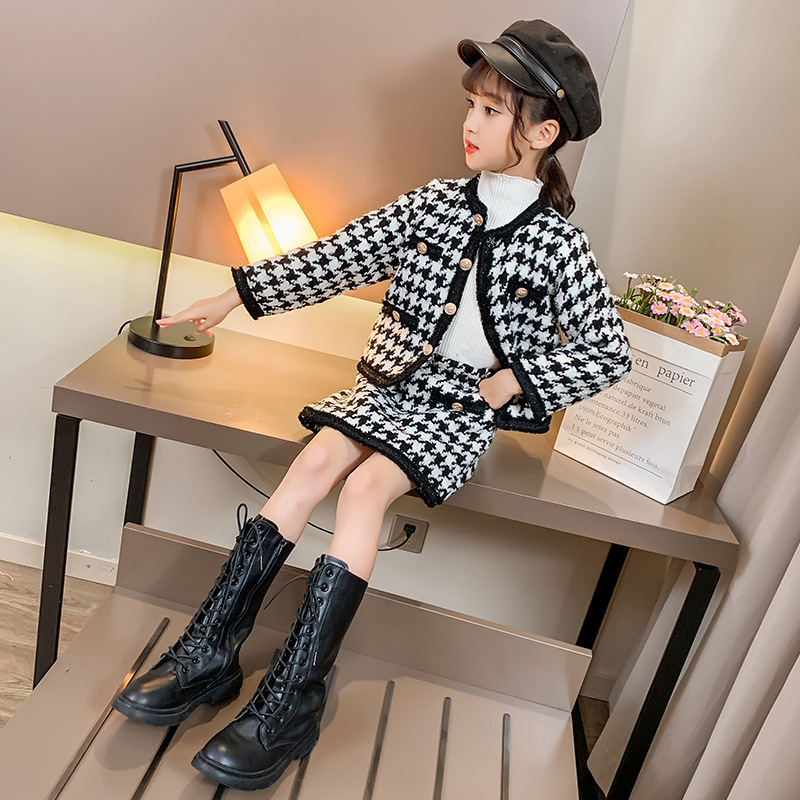 Children Winter Baby Girl Clothes Woolen Skirt Set Thicken Cardigan Plaid Coat+Skirts Two Piece Girls Outfits Fashion Kids SuitX1019