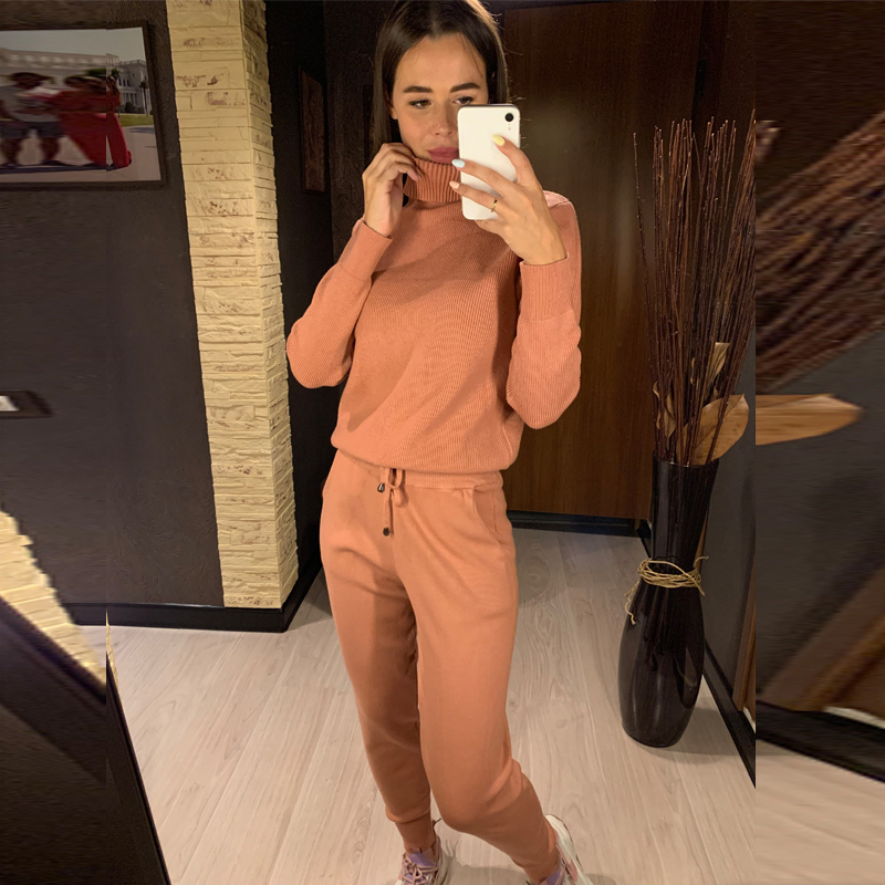 GIGOGOU Women Sweater Suits Track Costumes 2 Piece Sets Autumn Winter Thick Turtleneck Pullover Top Soft Female Jumper Pull Femm 201017
