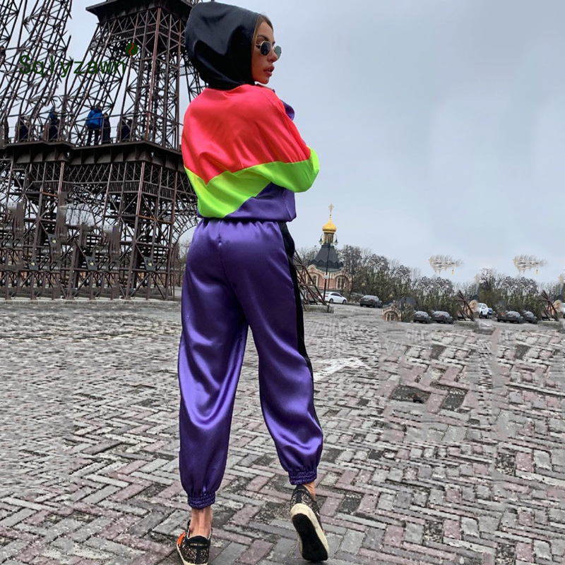 Neon Patchwork Sportwear Women Two Piece Outfits Hooded Long Sleeve Jacket Top + Pants Streetwear Tracksuit Women Matching Sets 201119