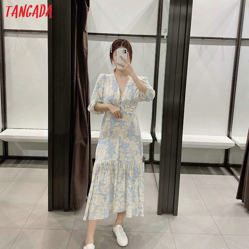 Tangada fashion women yellow floral midi dress short sleeve buttons ladies elegant v neck vintage dress 3H394 T200613