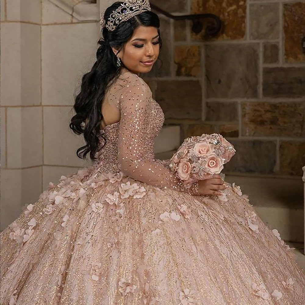 Rose Gold Long Sleeve Ball Gown Quinceanera Dresses Handmade Flowers Crystal Appliques Party Sweet 15 16 Dress Quinceañera Anos