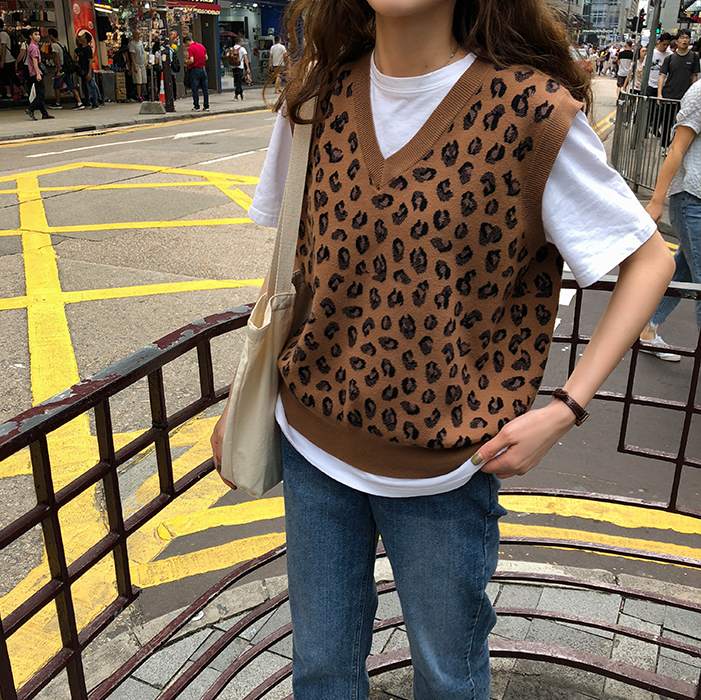 New leopard vest knitted female Vintage Oversize Spring Autumn Women Vest Wool Sweater Vests Poullovers Sleeveless Female Vest 201211