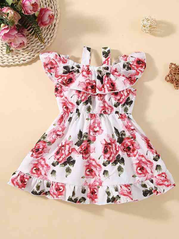 Baby Allover Floral Print Frill Trim Cold Shoulder Ruffle Hem Dress SHE