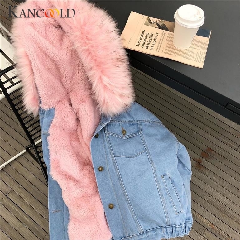 KANCOOLD jacket High Quality velvet thick Slim Denim jacket big fur collar Korean Cowboy Outwear coat Hooded Denim Feminine 09 201112