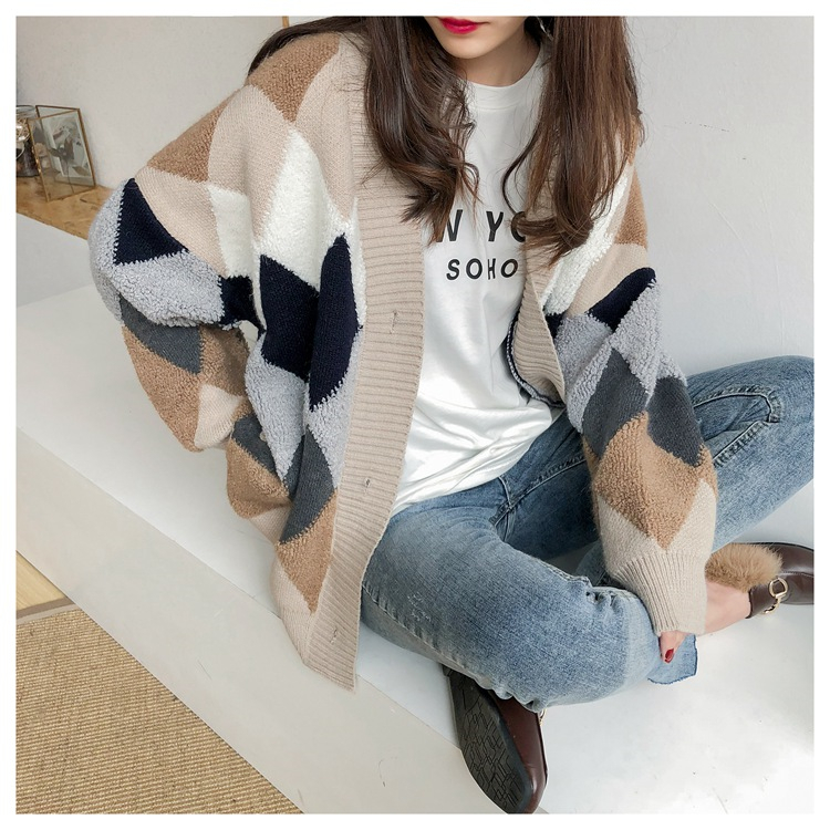 Women's Sweaters Autumn Winter fashionable Casual Plaid V-Neck Cardigans Single Breasted Puff Sleeve Loose SW658 201222