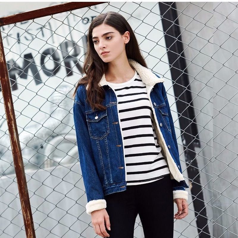 Berber Fleece Lining Denim Jackets Women Loose Thick Artificial Sherpa Warm Winter Buttons Overcoats Lapel Pockets Oversize Tops 201029