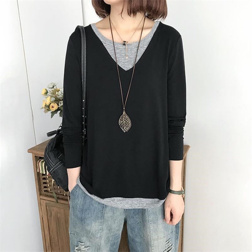 O Neck 100% Cotton T Shirt Woman Autumn Long Sleeve Oversized T-shirt Korean Style Loose Plus Size Women s 220307