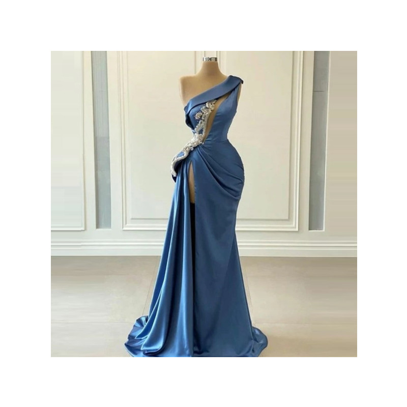 Dark Green Sequined Mermaid Prom Dresses One Shoulder Neck Side Split Evening Gowns Satin Sweep Train Formal Dress 008