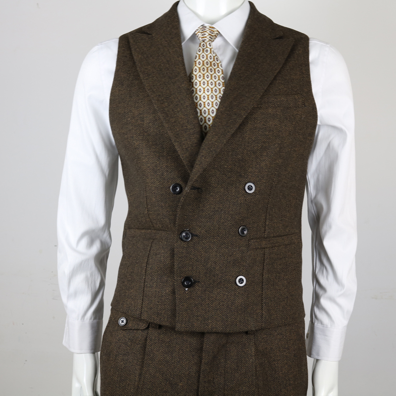 2021 Bristish Green Groom Vests Double Breasted Brown Wool Herringbone Tweed Groomsmen Vest Mens Suit Prom Wedding Waistcoat Dress Attire