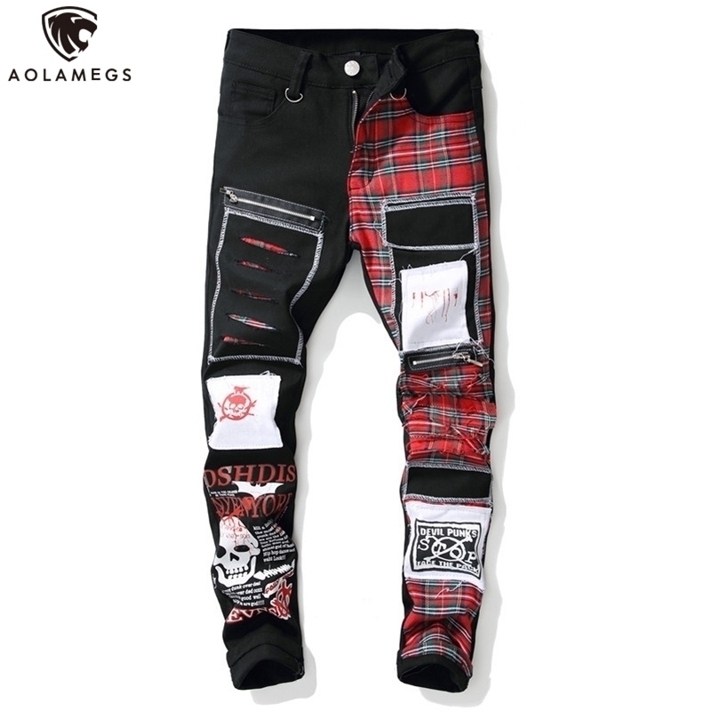Aolamegs Jeans Men Red Scottish Plaid Print College Style Denim Zipper Decorations Cool Patch Casual Cargo jeans Streetwear men 201111, Black 
Aolamegs Jeans Men Red Scottish Plaid Print College Style Denim Zipper Decorations Cool Patch Casual Cargo jeans Streetwear men 201111, Black