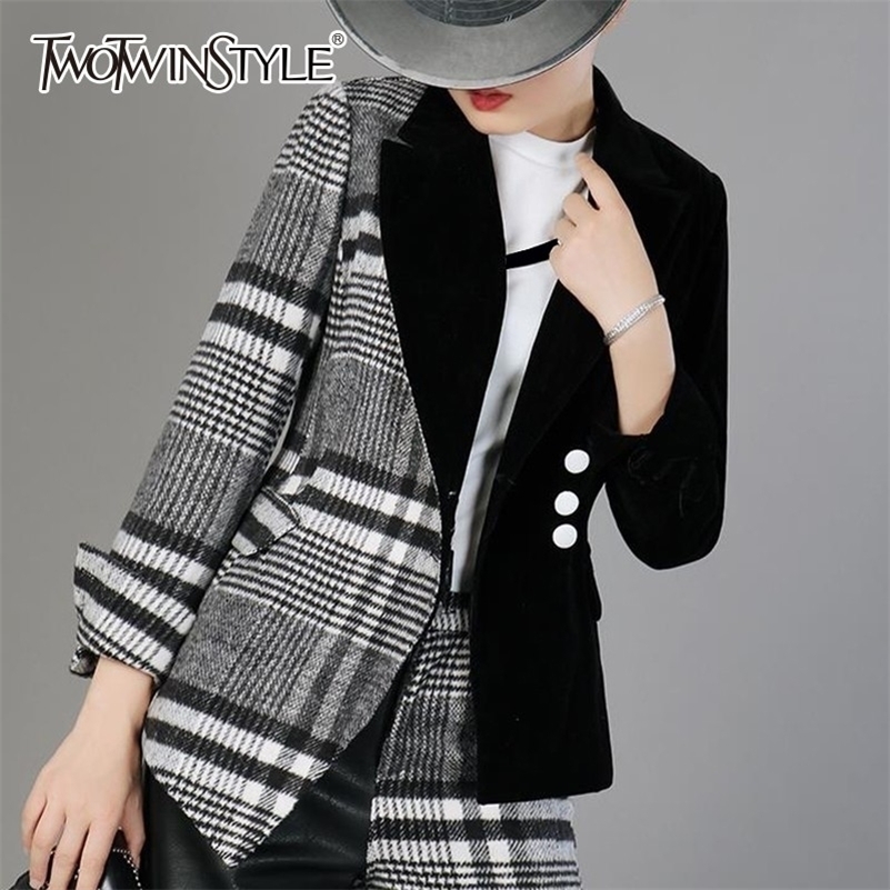 TWOTWINSTYLE Velour Patchwork Wool Plaid Blazer Coat Female Long Sleeve Asymmetrical Women's Suits Spring Fashion Clothes 201114, As picture
TWOTWINSTYLE Velour Patchwork Wool Plaid Blazer Coat Female Long Sleeve Asymmetrical Women's Suits Spring Fashion Clothes 201114, As picture
