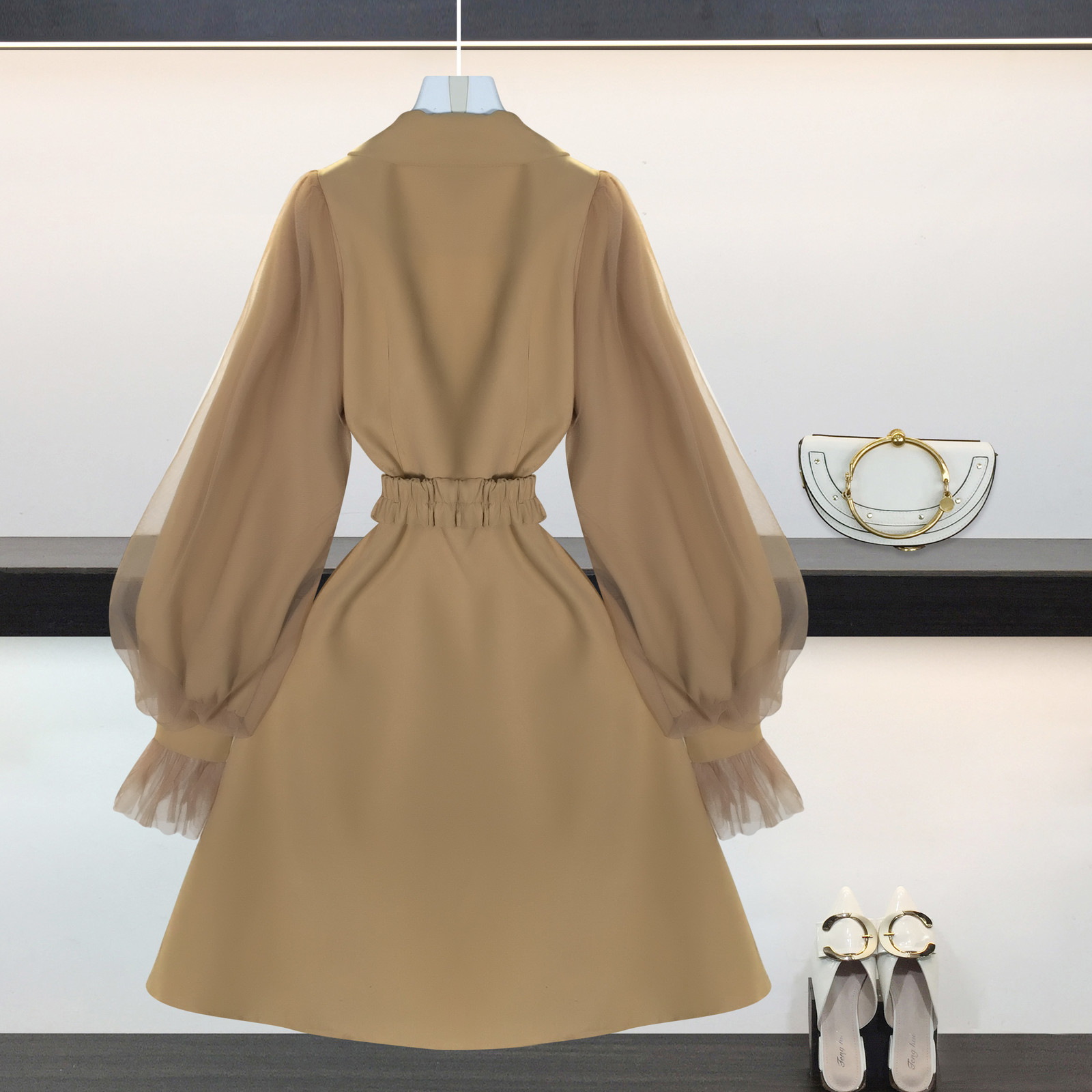 Getspring Women Trench Coat Mesh Patchwork Lantern Sleeve Vintage Trench Coat Women Khaki Leisure Long Coats Woman Clothes 201211