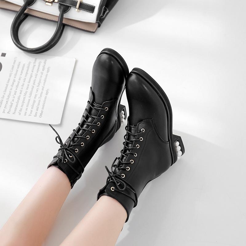 European and American fashion pearl thick heel short boots lace up middle heel boots all round head women's, Black
European and American fashion pearl thick heel short boots lace up middle heel boots all round head women's, Black