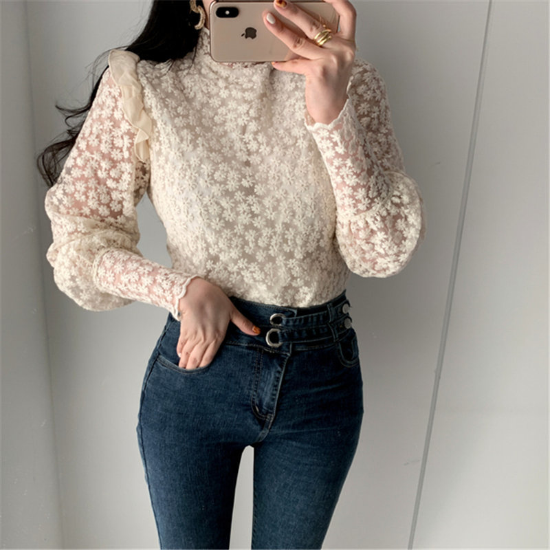 Apricot Lace Delicate Turtleneck Floral Chic Basic Blouses All Match Elegant Casual Office Lady Loose Shirts 201027