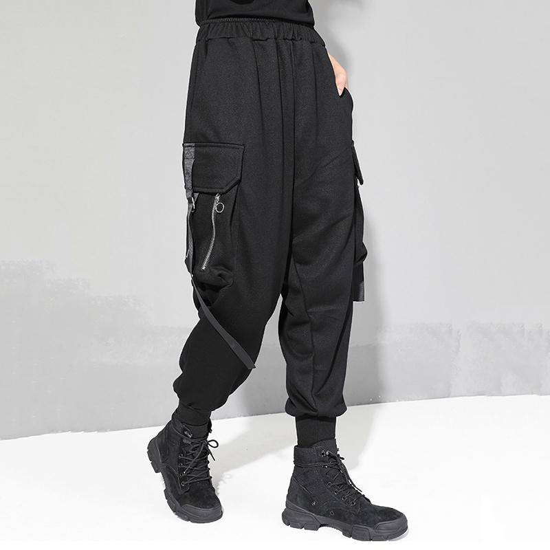 [EAM] New Spring Autumn High Elastic Waist Black Pocket Split Joint Ribbon Loose Harem Pants Women Trousers Fashion JQ015 201228