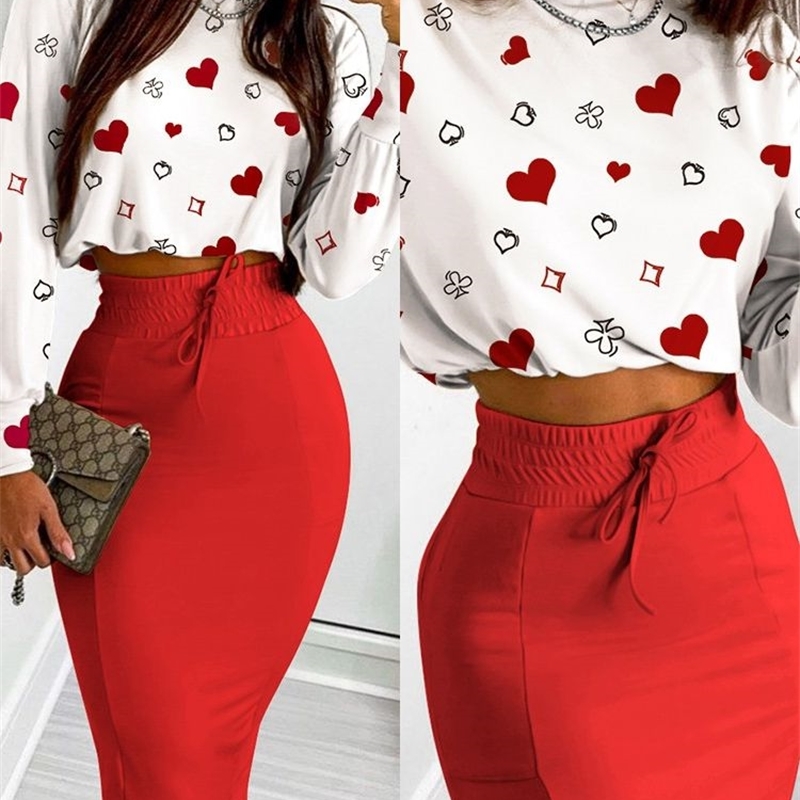 Romwe Fall Houndstooth Print Long Sleeve Crop Top Drawstring Skirt Suits Bodycon Casual Female Y2K Chic Sets 220302
