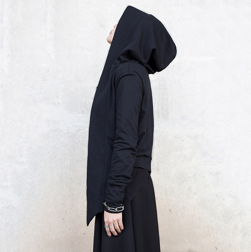 EAM Spring Autumn Hooded Long Sleeve Black Personality Irregular Hem Short Jacket Women Coat Fashion JR379 201017