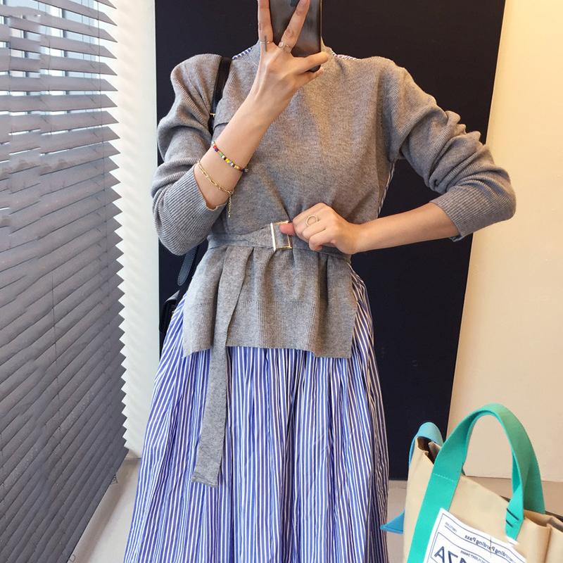 Korean Chic Autumn Stand Collar Patchwork Knitted Striped Fake Two-piece Long Dress With Belt Women 2021, Black
Korean Chic Autumn Stand Collar Patchwork Knitted Striped Fake Two-piece Long Dress With Belt Women 2021, Black