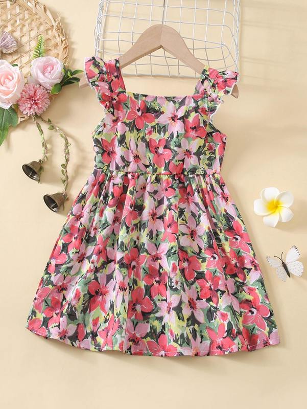 Toddler Girls Floral Print Ruffle Cuff Square Neck Dress SHE