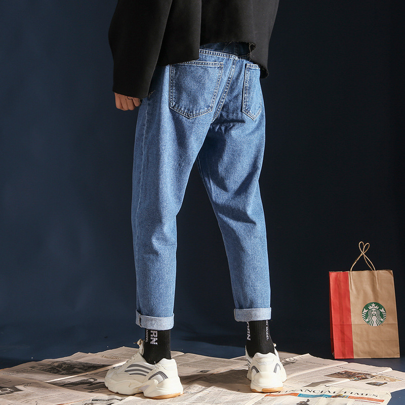 Spring Summer Fashion harem black denim pants mens Korean straight jeans mens loose wide leg casual cropped pants homme 201111